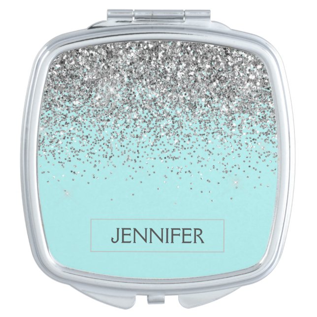Teal Aqua Blue Silver Glitter Girly Monogram Name Compact Mirror (Front)