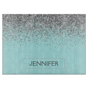 Teal Aqua Blue Silver Glitter Girly Monogram Name Cutting Board