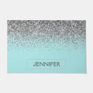 Teal Aqua Blue Silver Glitter Girly Monogram Name Doormat