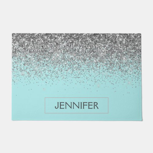 Teal Aqua Blue Silver Glitter Girly Monogram Name Doormat