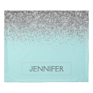 Teal Aqua Blue Silver Glitter Girly Monogram Name Duvet Cover