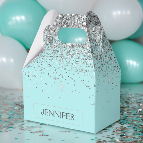 Teal Aqua Blue Silver Glitter Girly Monogram Name Favor Boxes