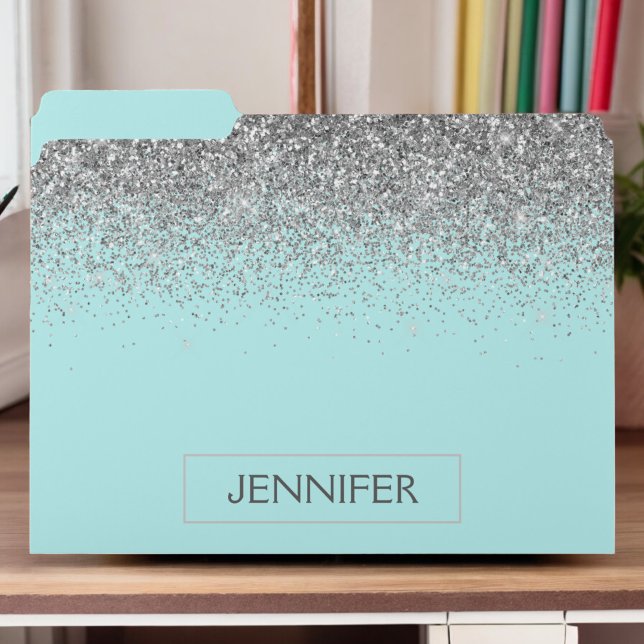 Teal Aqua Blue Silver Glitter Girly Monogram Name File Folder (Creator Uploaded)