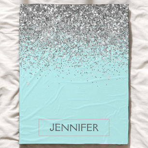Teal Aqua Blue Silver Glitter Girly Monogram Name Fleece Blanket