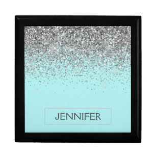 Teal Aqua Blue Silver Glitter Girly Monogram Name Gift Box