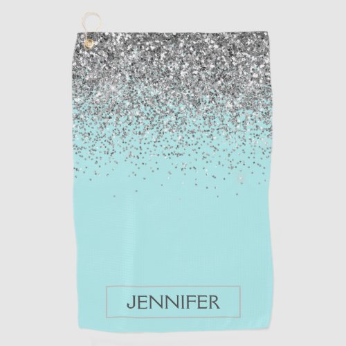 Teal Aqua Blue  Silver Glitter Girly Monogram Name Golf Towel