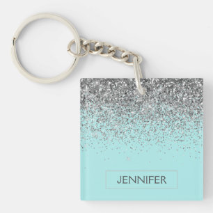 Teal Aqua Blue Silver Glitter Girly Monogram Name Keychain