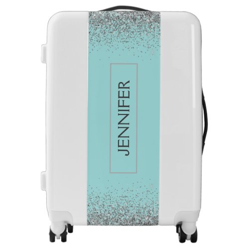 Teal Aqua Blue Silver Glitter Girly Monogram Name Luggage