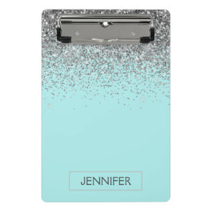 Teal Aqua Blue Silver Glitter Girly Monogram Name Mini Clipboard