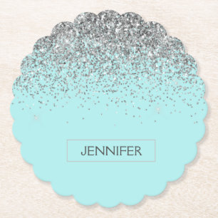 Teal Aqua Blue Silver Glitter Girly Monogram Name Paper Coaster