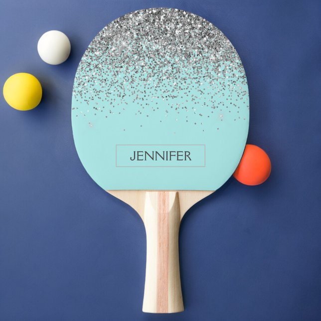 Teal Aqua Blue Silver Glitter Girly Monogram Name Ping Pong Paddle (Creator Uploaded)