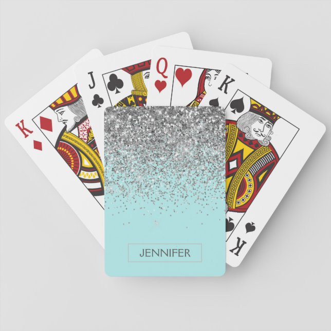 Teal Aqua Blue Silver Glitter Girly Monogram Name Playing Cards (Back)