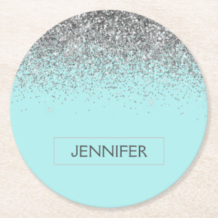 Teal Aqua Blue Silver Glitter Girly Monogram Name Round Paper Coaster