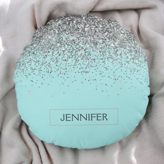 Teal Aqua Blue Silver Glitter Girly Monogram Name Round Pillow (Creator Uploaded)