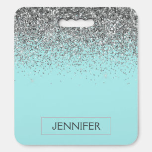 Teal Aqua Blue  Silver Glitter Girly Monogram Name Seat Cushion