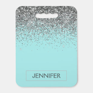 Teal Aqua Blue  Silver Glitter Girly Monogram Name Seat Cushion