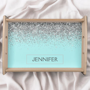 Teal Aqua Blue Silver Glitter Girly Monogram Name Serving Tray