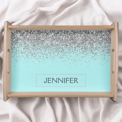 Teal Aqua Blue Silver Glitter Girly Monogram Name Serving Tray