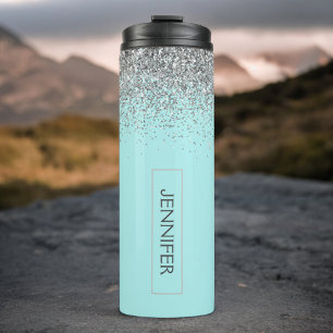 Teal Aqua Blue Silver Glitter Girly Monogram Name Thermal Tumbler
