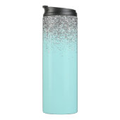 Teal Aqua Blue Silver Glitter Girly Monogram Name Thermal Tumbler (Rotated Right)