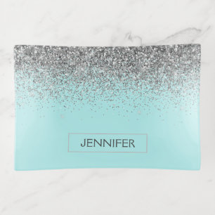 Teal Aqua Blue Silver Glitter Girly Monogram Name Trinket Tray