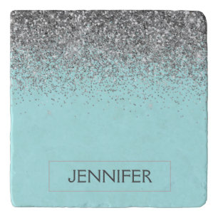 Teal Aqua Blue Silver Glitter Girly Monogram Name Trivet