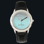 Teal Aqua Blue Silver Glitter Girly Monogram Name Watch<br><div class="desc">Aqua Blue Teal and Silver Sparkle Glitter Monogram Name Watch. This makes the perfect sweet 16 birthday,  wedding,  bridal shower,  anniversary,  baby shower or bachelorette party gift for someone that loves glam luxury and chic styles.</div>