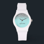 Teal Aqua Blue Silver Glitter Girly Monogram Name Watch<br><div class="desc">Aqua Blue Teal and Silver Sparkle Glitter Monogram Name Watch. This makes the perfect graduation,  birthday,  wedding,  bridal shower,  anniversary,  baby shower or bachelorette party gift for someone that loves glam luxury and chic styles.</div>