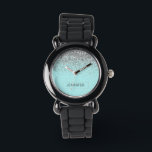 Teal Aqua Blue Silver Glitter Girly Monogram Name Watch<br><div class="desc">Aqua Blue Teal and Silver Sparkle Glitter Monogram Name Watch. This makes the perfect sweet 16 birthday,  wedding,  bridal shower,  anniversary,  baby shower or bachelorette party gift for someone that loves glam luxury and chic styles.</div>