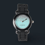Teal Aqua Blue Silver Glitter Girly Monogram Name Watch<br><div class="desc">Aqua Blue Teal and Silver Sparkle Glitter Monogram Name Watch. This makes the perfect sweet 16 birthday,  wedding,  bridal shower,  anniversary,  baby shower or bachelorette party gift for someone that loves glam luxury and chic styles.</div>