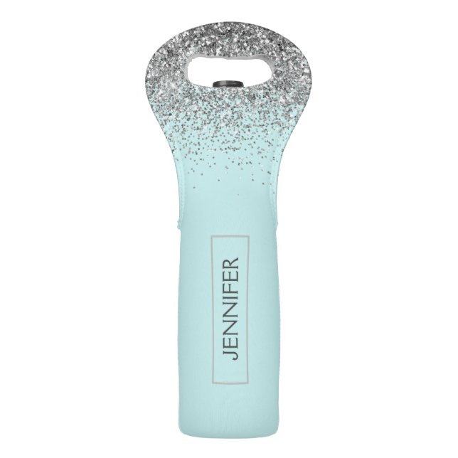 Teal Aqua Blue Silver Glitter Girly Monogram Name Wine Bag (Front)