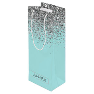 Teal Aqua Blue Silver Glitter Girly Monogram Name Wine Gift Bag