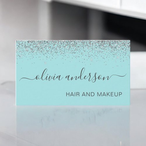 Teal Aqua Blue Silver Glitter Hair Makeup Salon Business Card