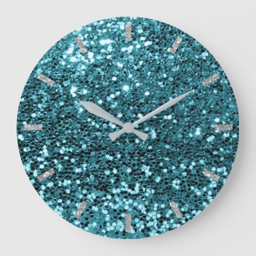 Teal Aqua Blue Sparkly Faux Glitter Gray Large Clock