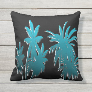 Teal Aqua Blue Tropical Palm Trees Black Outdoor Pillow
