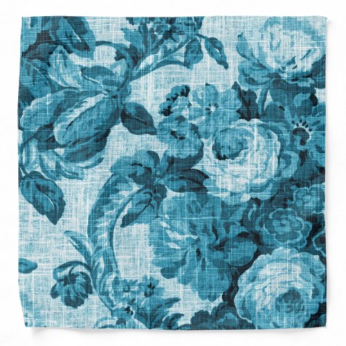 Teal Aqua Blue Vintage Botanical Floral Toile No4 Bandana