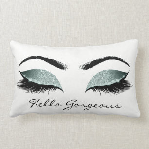Teal Aqua Blue White Makeup Lashes Hello Gorgeous Lumbar Pillow