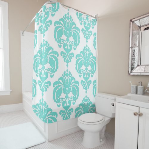 Teal Aqua Blue  White Royal Glam Damask Shower Curtain