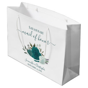 Teal & Aqua Boho Chic Roses Wedding Maid of Honor Large Gift Bag