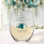 Teal Aqua Boho Roses Bridesmaid Maid of Honor Gift Stemless Wine Glass<br><div class="desc">This set is the perfect choice for thanking the bridesmaids and maid of honor at your wedding. The beautiful boho chic design features a cluster of hand painted watercolor roses in shades of teal, turquoise and aqua, along with eucalyptus sprigs and garden greenery. Her name & title appears in elegant...</div>