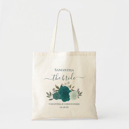 Teal & Aqua Boho Roses Elegant Bride Wedding Tote Bag