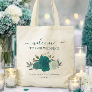 Teal & Aqua Boho Roses Elegant Wedding Welcome Tote Bag