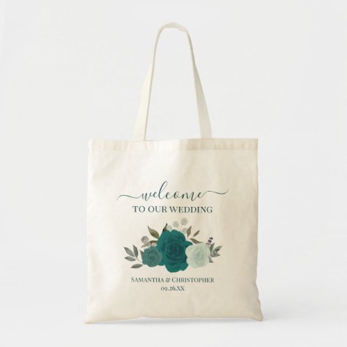 Teal & Aqua Boho Roses Elegant Wedding Welcome Tote Bag