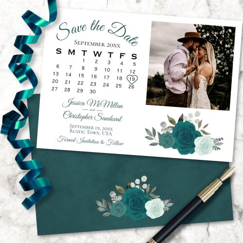 Teal  Aqua Boho Roses Wedding Calendar  Photo Save The Date