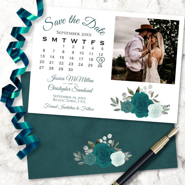 Teal & Aqua Boho Roses Wedding Calendar & Photo Save The Date (In Situ Front/Back)