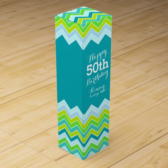Teal aqua chevron zigzag 50th birthday wine box (Back)