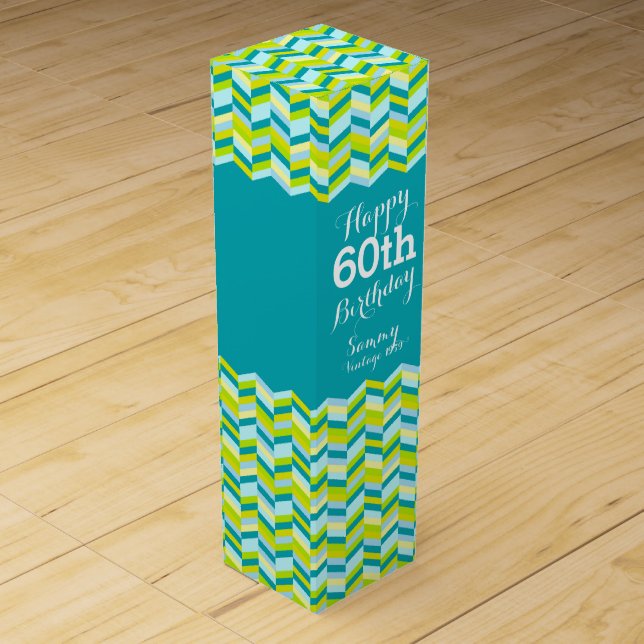 Teal aqua chevron zigzag 60th birthday wine box (Front)