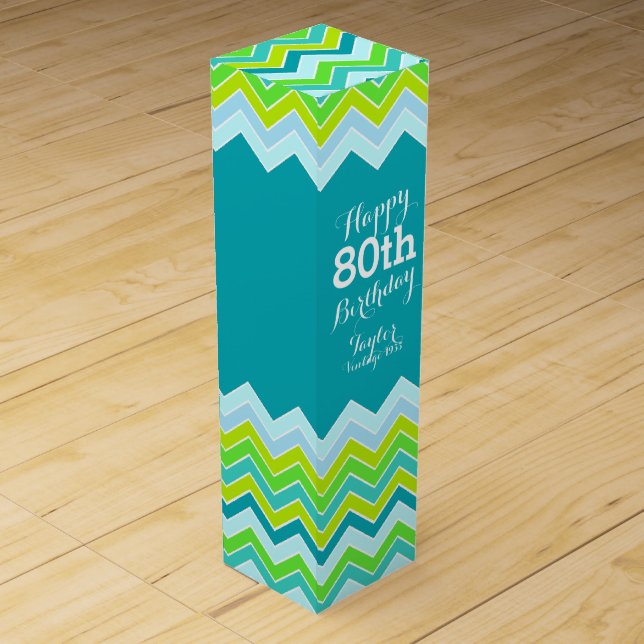 Teal aqua chevron zigzag 80th birthday wine box (Front)