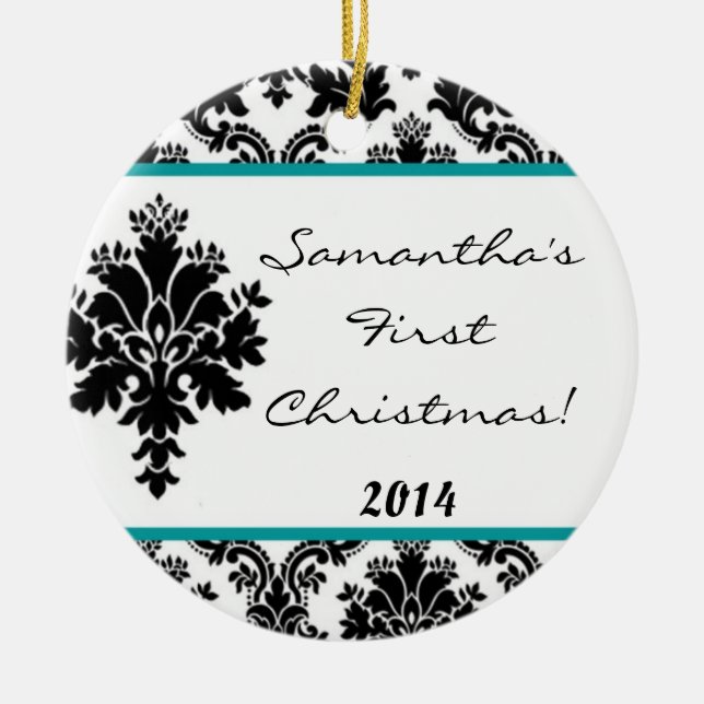Teal Aqua Damask Lace Personalized Name Ornament (Front)