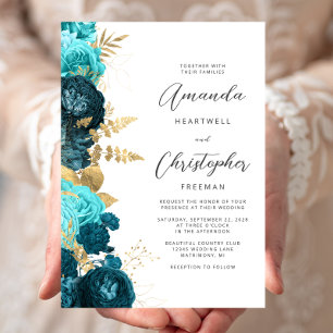 Teal Aqua Floral Gold Script Wedding Invitation